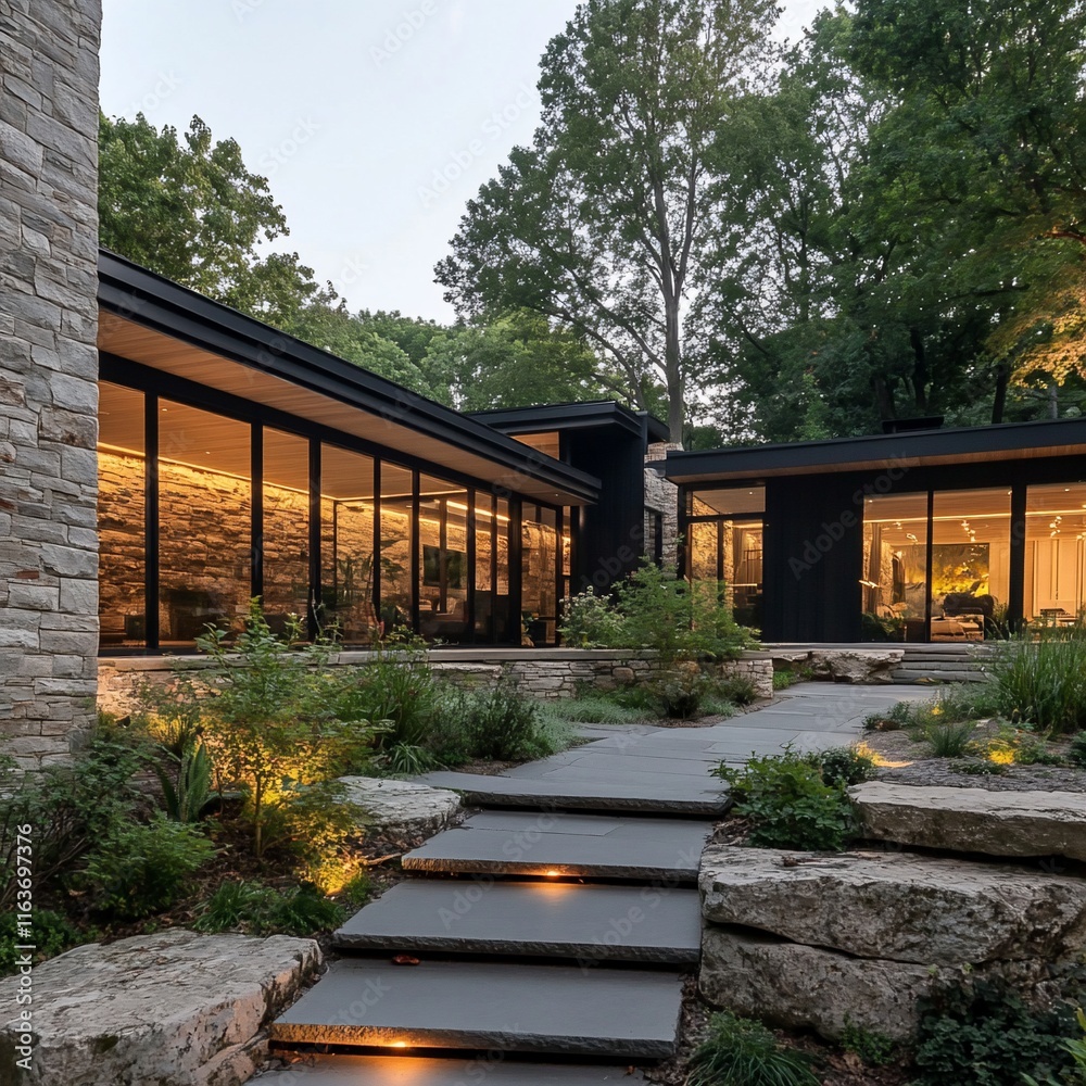 Fototapeta premium Modern House Exterior at Dusk: Stone, Glass, and Tranquil Landscaping