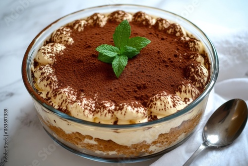 Delicious tiramisu dessert served in a glass dish with mint garnish and cocoa powder on top