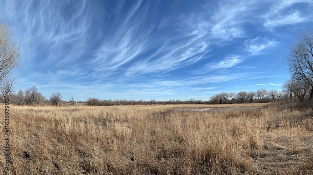Serene Winter Prairie Landscape Under a Vast Blue Sky Serene Winter Prairie Landscape Under a Vast Blue Sky