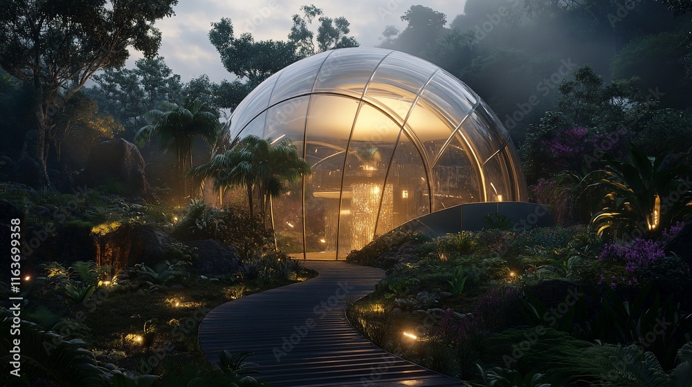 Fototapeta premium Transparent geodesic dome house nestled in a lush tropical garden at twilight.
