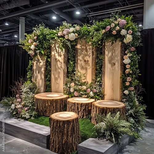 Rustic Wooden Tree Stump Wedding Backdrop with Floral Decor photo