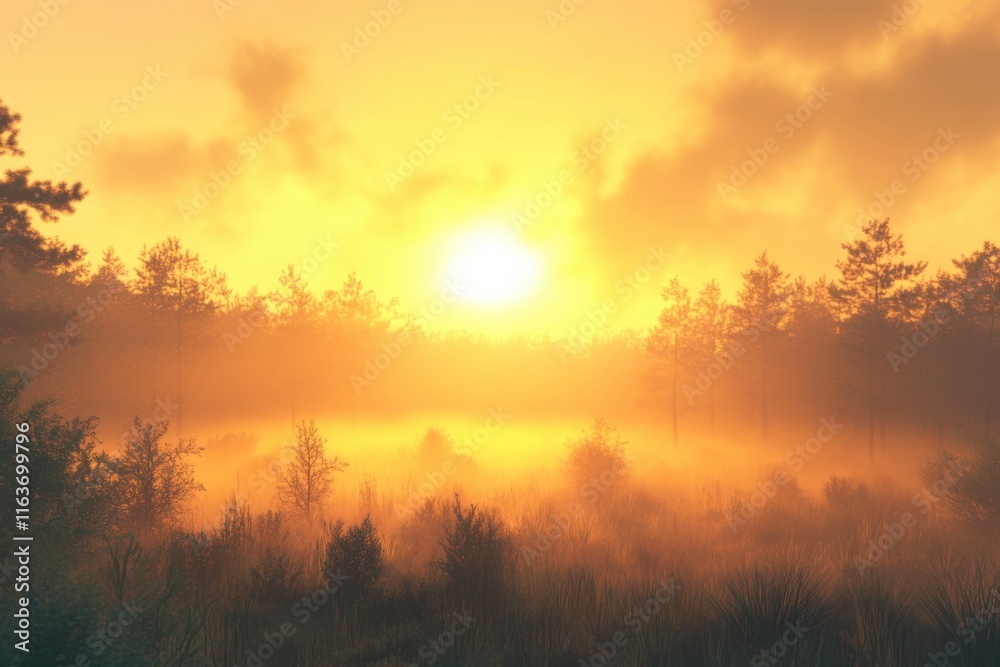 Fototapeta premium Majestic sunrise over a misty forest revealing vibrant hues of orange and yellow