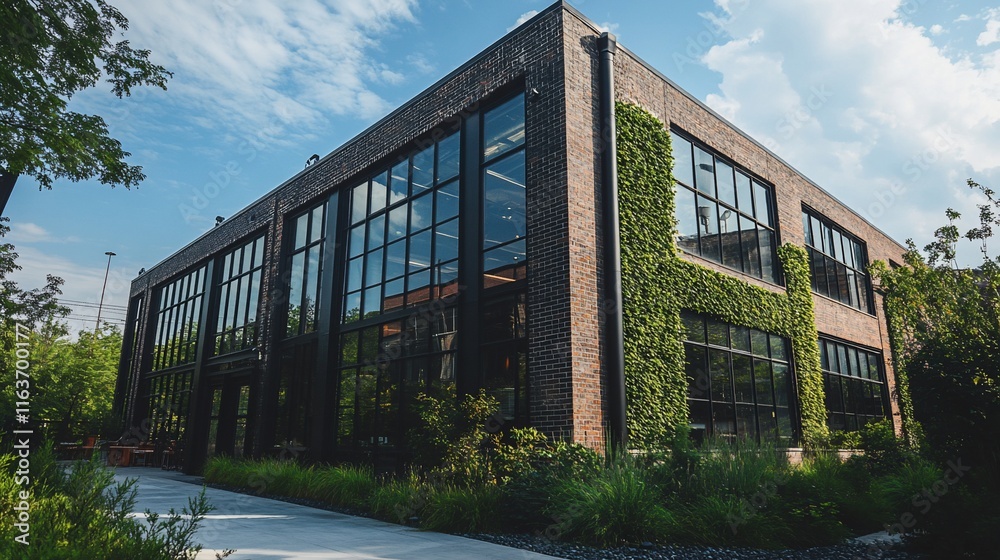 Modern brick building with green wall, spacious windows, and landscaping. Modern brick building with green wall, spacious windows, and landscaping.