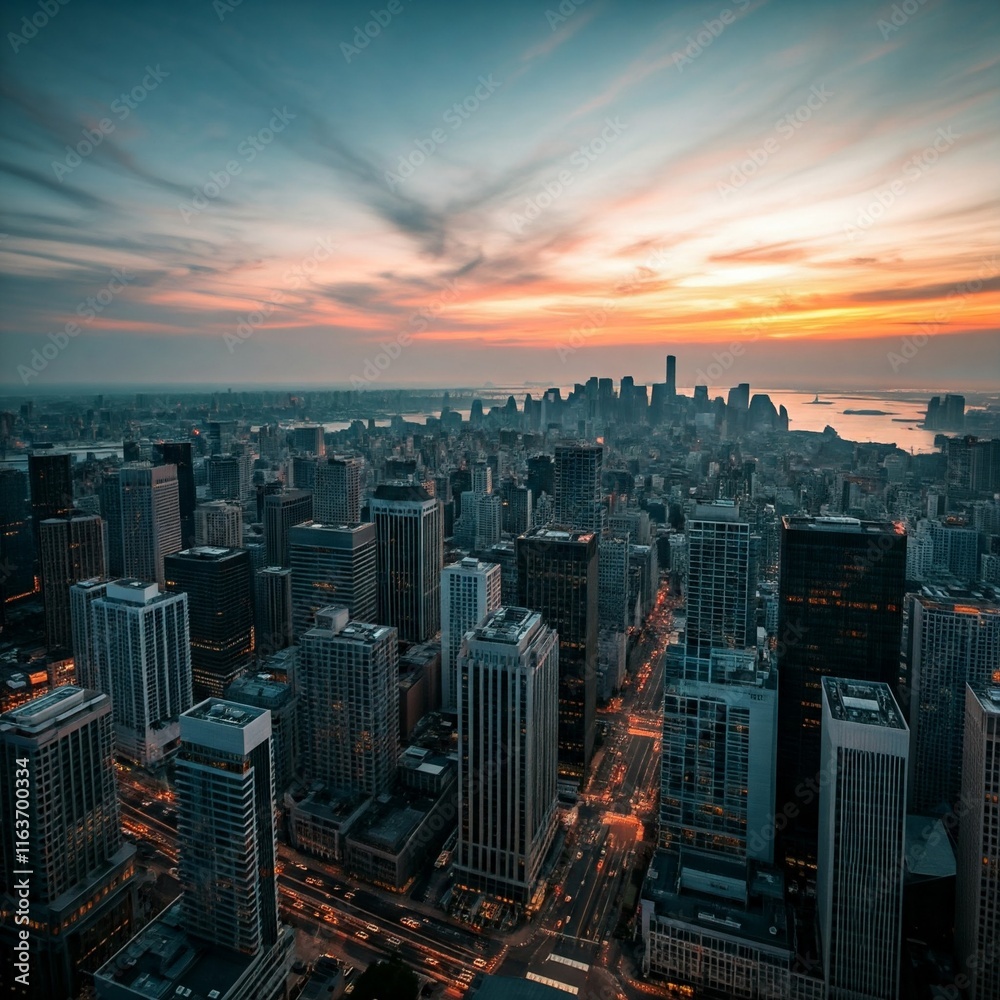 Fototapeta premium Urban cityscape featuring skyscrapers, vibrant evening lights, and a glowing sunset sky over a bustling downtown area.