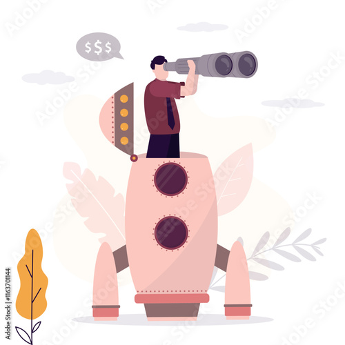 Businessman founder uses binoculars and seeks investment to launch an innovative startup. Funding is needed to start new project. Giant rocket and ambitious entrepreneur.