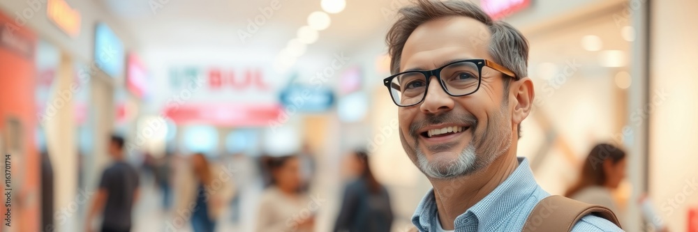A cheerful man enjoys his shopping experience in a bustling mall. Surrounded by vibrant store displays and fellow shoppers, he radiates happiness and contentment A cheerful man enjoys his shopping experience in a bustling mall. Surrounded by vibrant store displays and fellow shoppers, he radiates happiness and contentment