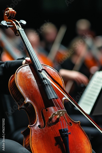 Classical Music Concert, Close-Up of Violin with Orchestra in Background on Stage During Performance