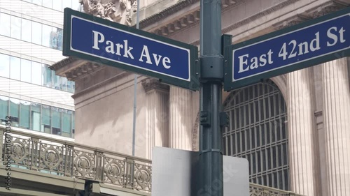 New York City Grand Central Terminal, 42 street, Park Avenue, Pershing Square architecture. Midtown district railroad hub, railway transport. NYC crossroad, East 42nd st corner, intersection road sign