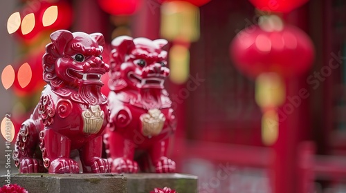 Traditional red fu dogs in vibrant chinese lantern festival setting.