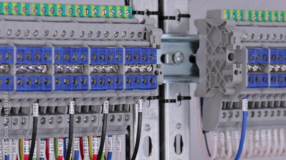 Electrical screw terminals for connecting wires in an electrical switchboard. Soft focus. Close-up. Electrical screw terminals for connecting wires in an electrical switchboard. Soft focus. Close-up.