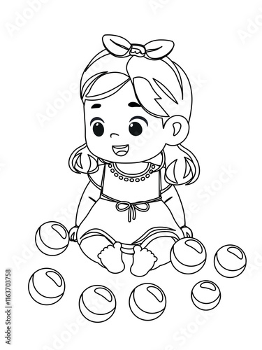 cute little baby girl playing with  balls  outline coloring page	