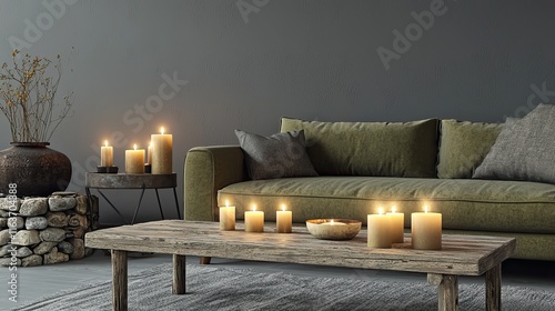 A contemporary living room with a soft olive green sofa, a reclaimed wooden coffee table with lit candles, and rustic stone and metal decor photo