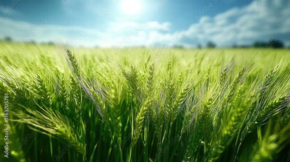 Lush Green Wheat Field Under a Bright Sky with Dramatic Clouds and Vibrant Sunlight Shining Over the Agriculture Landscape Lush Green Wheat Field Under a Bright Sky with Dramatic Clouds and Vibrant Sunlight Shining Over the Agriculture Landscape