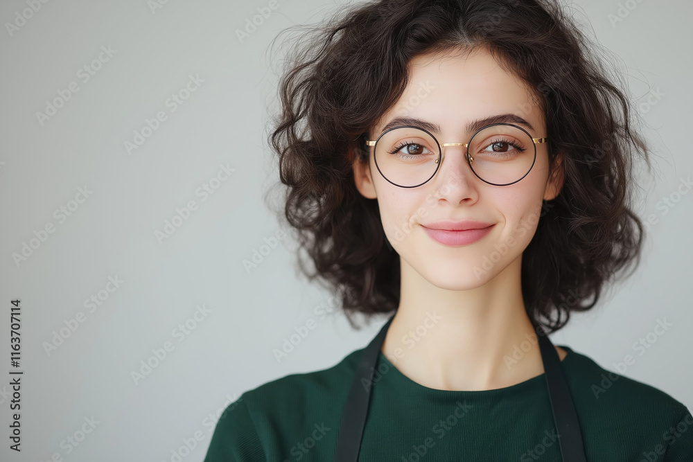 Fototapeta premium Young Caucasian woman in glasses with curly hair smiling confidently