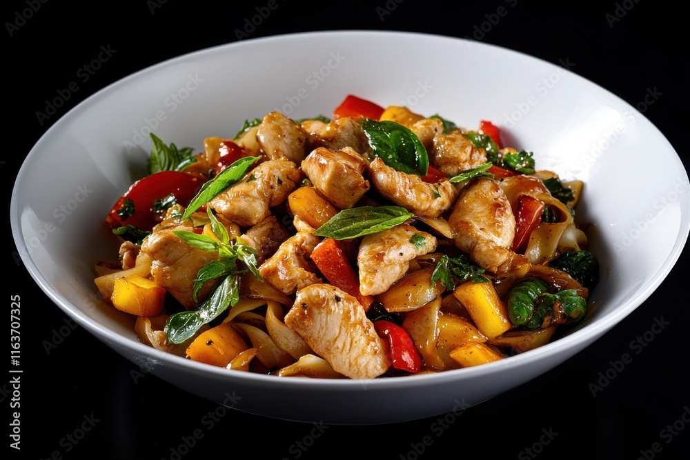 Delicious bowl of stir-fried chicken with colorful vegetables and herbs, served in a white bowl. Delicious bowl of stir-fried chicken with colorful vegetables and herbs, served in a white bowl.