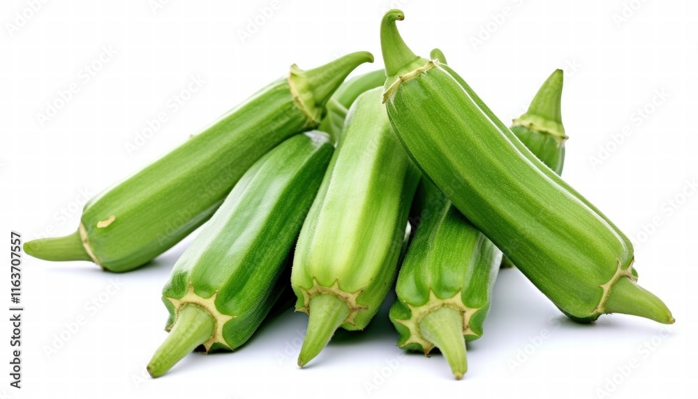 Fresh Green Okra Stacked Together on a White Background for Culinary and Agricultural Use in Recipes, Dishes, and Healthy Eating Concepts Fresh Green Okra Stacked Together on a White Background for Culinary and Agricultural Use in Recipes, Dishes, and Healthy Eating Concepts