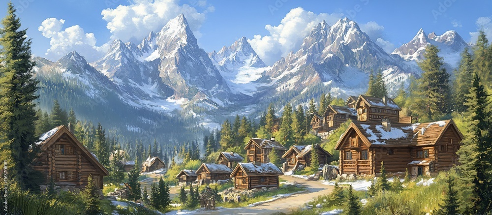 Naklejka premium Alpine Village nestled in a valley, with snow-capped mountains in the background.
