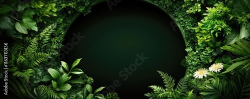 Mystical natural concept. A vibrant green floral border encircles a dark circular space, symbolizing nature's beauty.