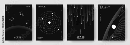 Set of abstract space astronomy backgrounds. Line art planet, galaxy, solar system, meteorite. Science future concept. Cosmic minimalist design for cover, poster, layout, banner, flyer, brochure