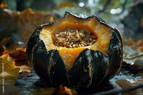 A beautifully presented acorn squash filled with rice, surrounded by autumn leaves.