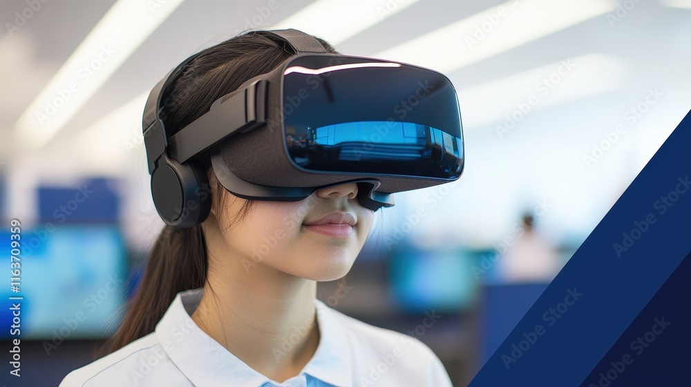 Young woman wearing virtual reality headset in a modern tech environment. VR and AR Learning Apps Young woman wearing virtual reality headset in a modern tech environment. VR and AR Learning Apps