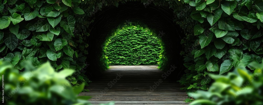 Obraz premium Mystical natural concept. A serene green pathway surrounded by lush, vibrant foliage creates a calming view.
