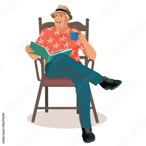 Portrait of a happy mature man reading a book while sitting on rocking chair sipping tea or coffee from cup.