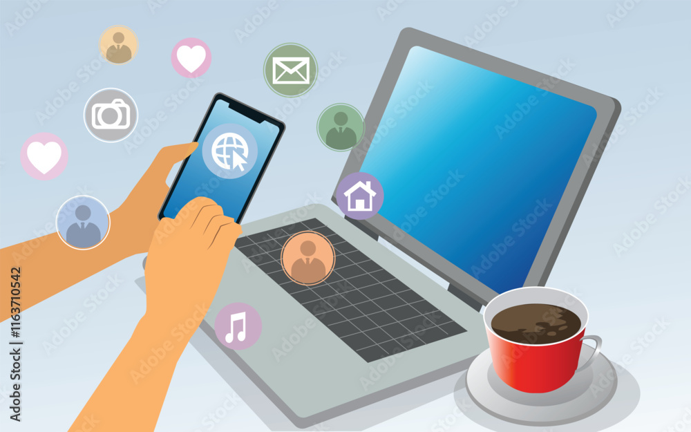 Young woman using smart phone,Social media concept.vector Young woman using smart phone,Social media concept.vector