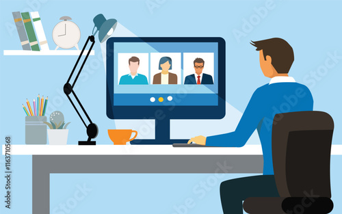 A Man having a conference call with his business team online, telecommuting, remote work and business communications concept. vector, illustration