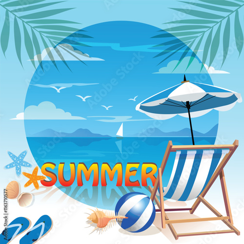 Vector illustration flat style summer background of sea shore. Good sunny day. Deck chair and beach umbrella on the sand coast. holiday concept