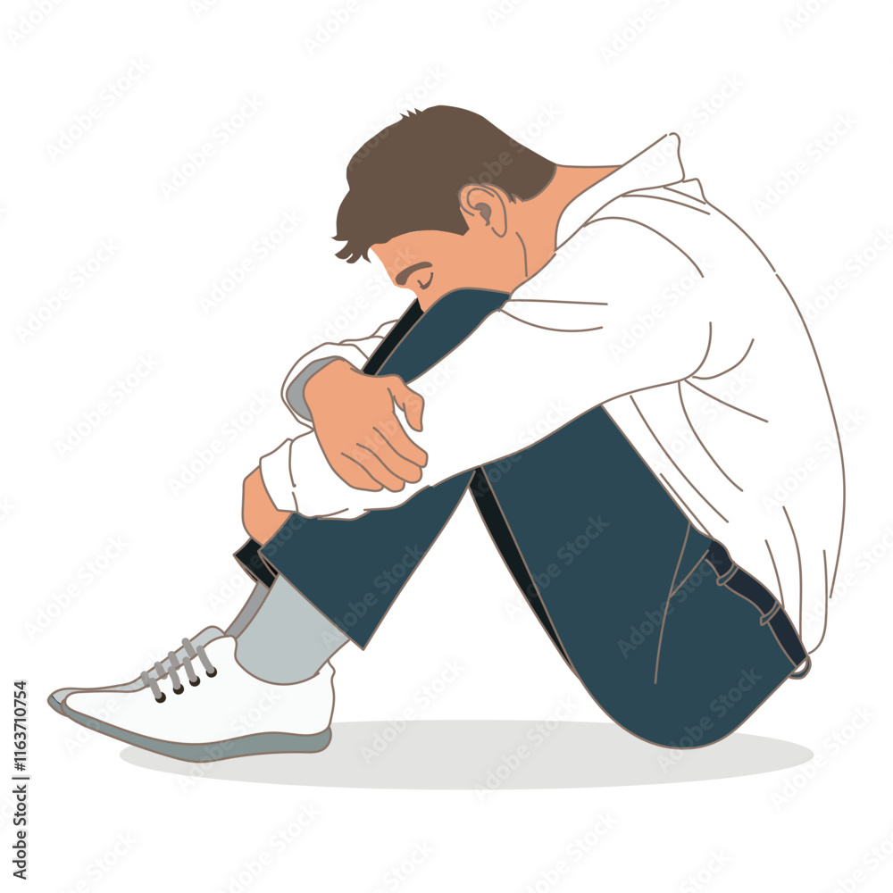 Depressed businessman sits against a wall and looks down at floor. vector Depressed businessman sits against a wall and looks down at floor. vector