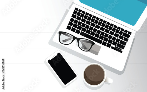 Minimalistic flat lay composition of black & white laptop computer keyboard, cell phone gadget, cup of coffee & folded glasses on textured wooden desk table background. Workspace top view, copy space