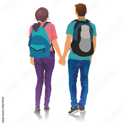 couple of tourist or students with backpack walking away . travel on white background.