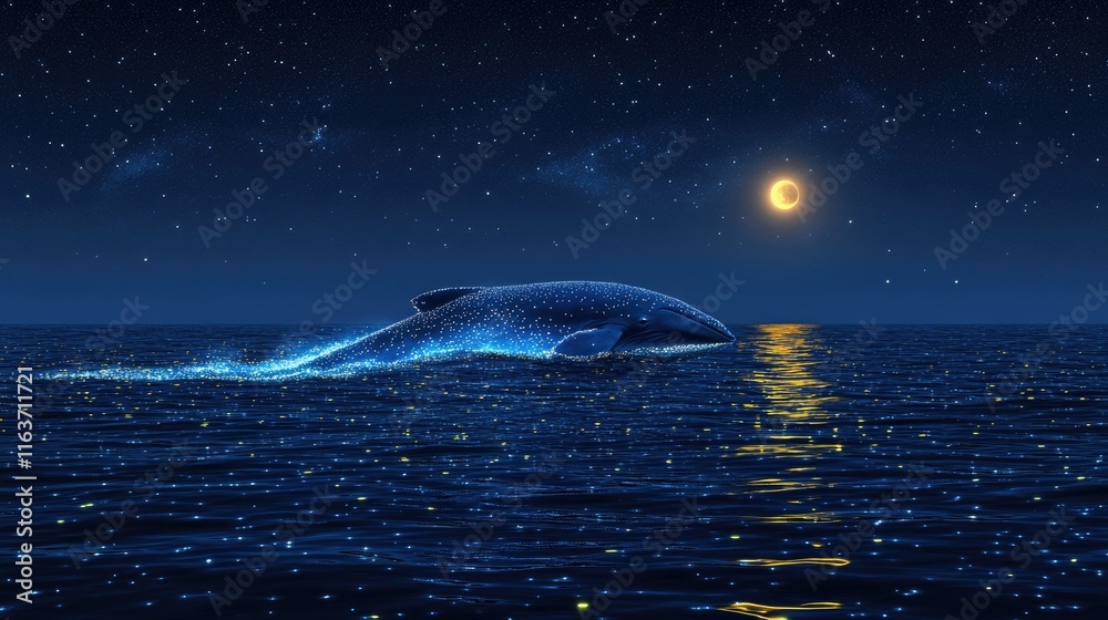 Fototapeta premium Whale leaping in starry night ocean scene.