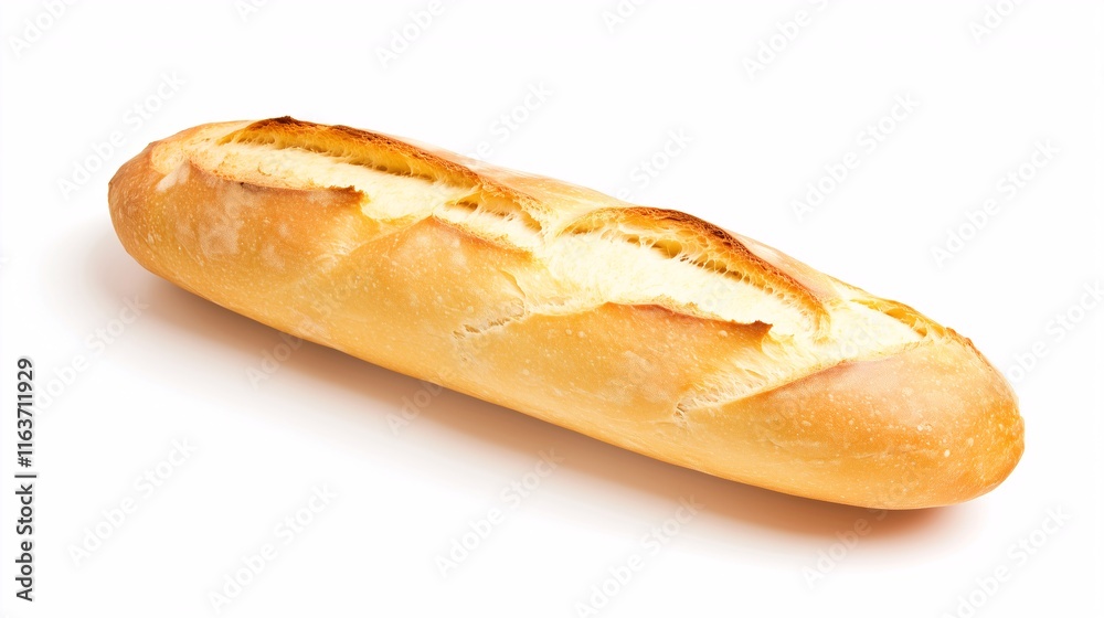 Freshly baked baguette with a crisp golden crust, isolated on a white background. Freshly baked baguette with a crisp golden crust, isolated on a white background.