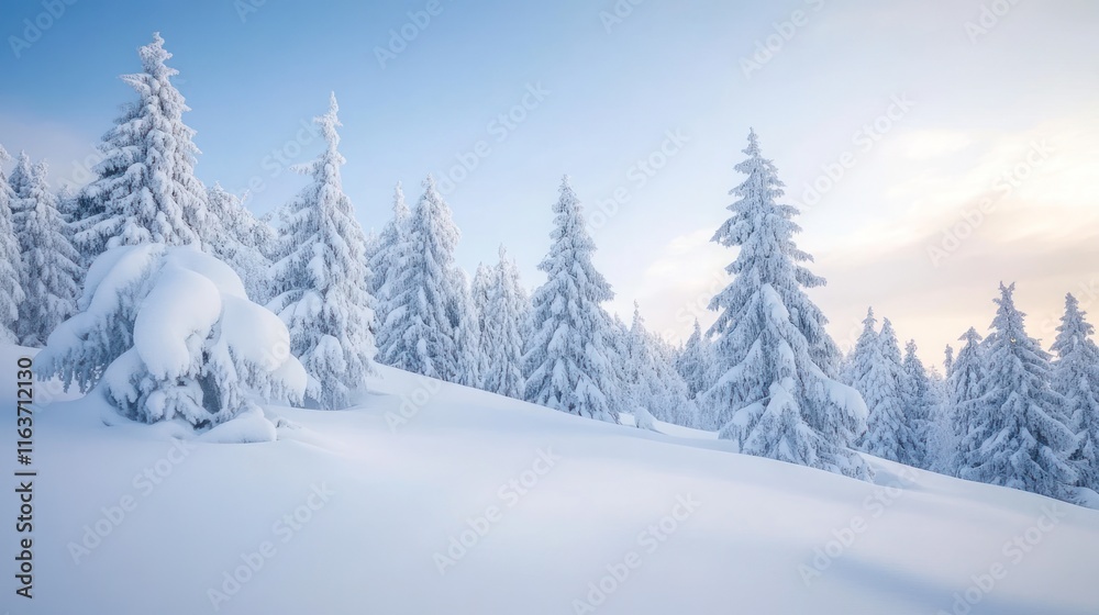 Winter Wonderland: Snow-Covered Fir Trees in Majestic Mountain Landscape Winter Wonderland: Snow-Covered Fir Trees in Majestic Mountain Landscape