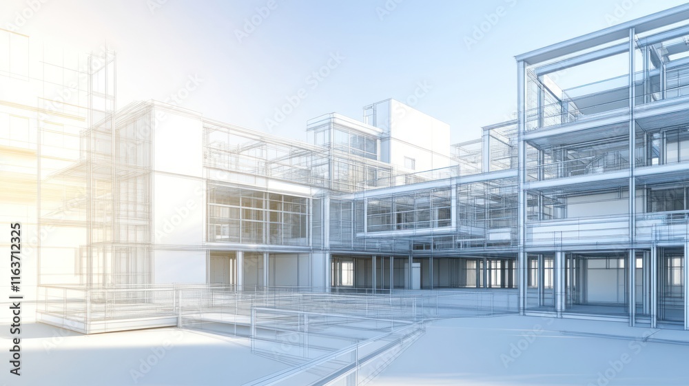 Obraz premium Architectural Wireframe Design: Modern Building Complex Blueprint