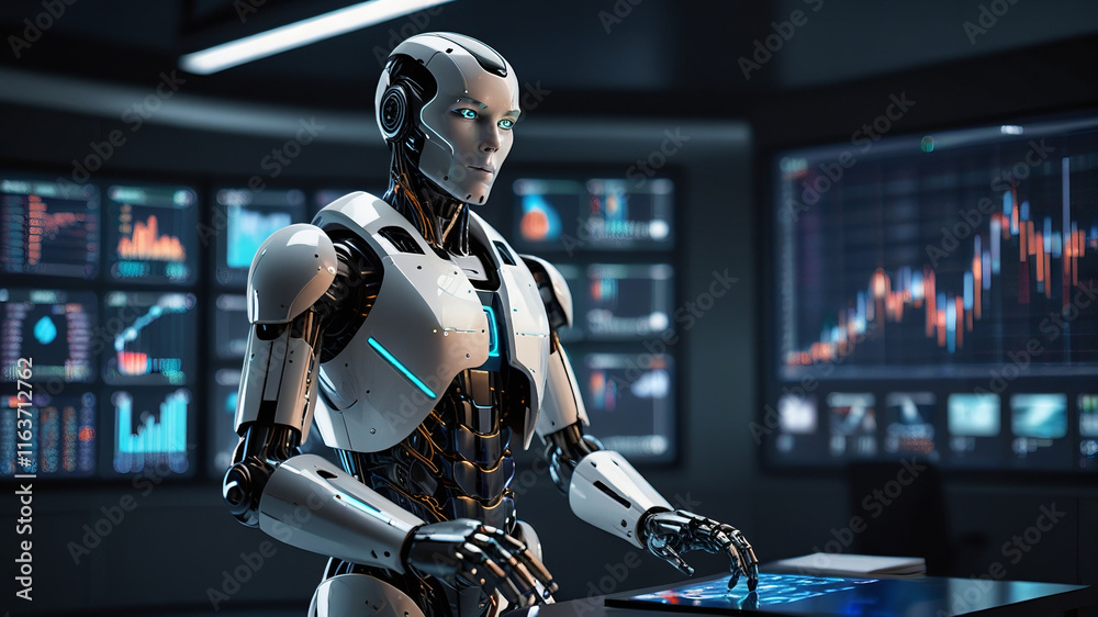 Futuristic business assistant robot with a touchscreen displaying data analytics. It stands in a sleek office with digital KPI screens, glowing accents, and a high tech ambiance. Futuristic business assistant robot with a touchscreen displaying data analytics. It stands in a sleek office with digital KPI screens, glowing accents, and a high tech ambiance.