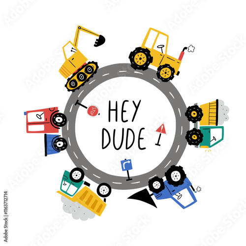 Hand drawn cute cars -  Truck, tractor, cargo crane, bulldozer, excavator in cartoon style with lettering - hey dude. Kids car background. For t shirt print, postcard, apparel or kids room design.