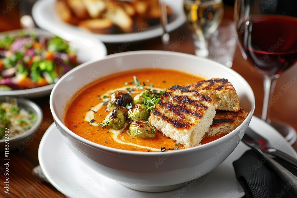 Delicious vegetarian soup served with grilled bread, showcasing vibrant colors and enticing textures. Delicious vegetarian soup served with grilled bread, showcasing vibrant colors and enticing textures.