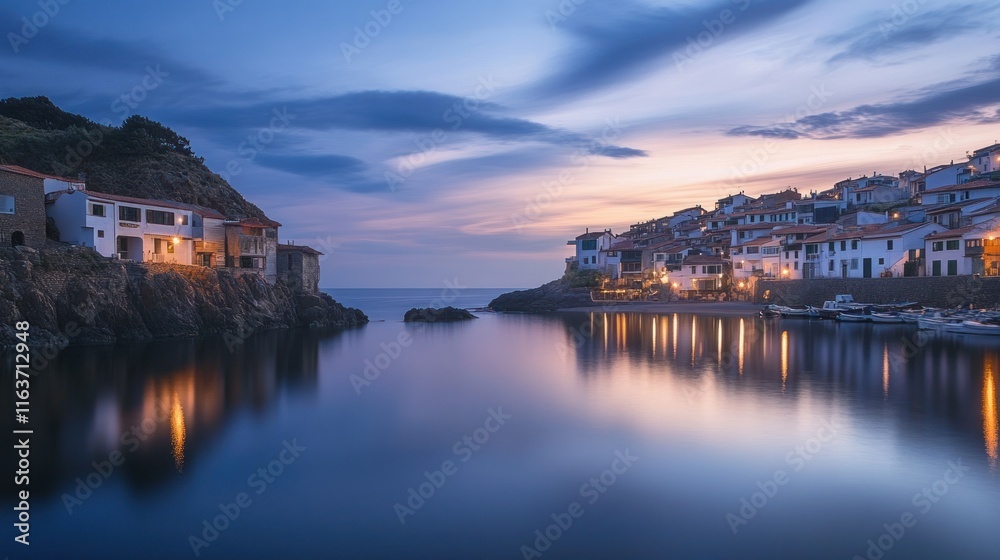 Fototapeta premium Coastal Village at Dusk: Serene Sunset over Calm Waters