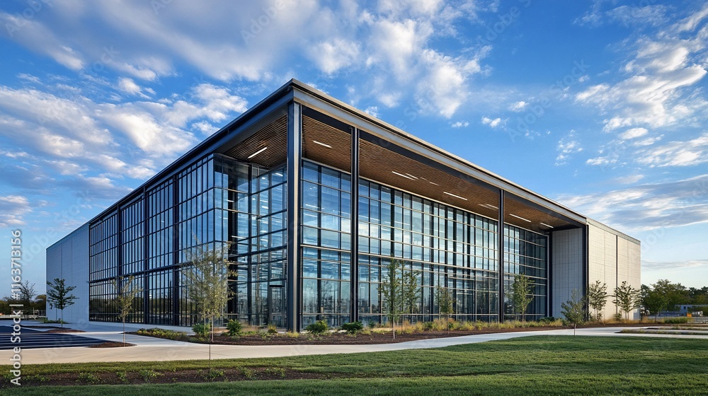 Modern office building exterior under a partly cloudy sky. Modern office building exterior under a partly cloudy sky.