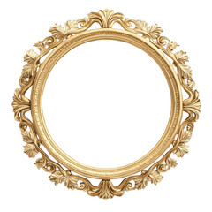 Golden vintage gilded ornate round frame with isolated transparent background, displaying artwork