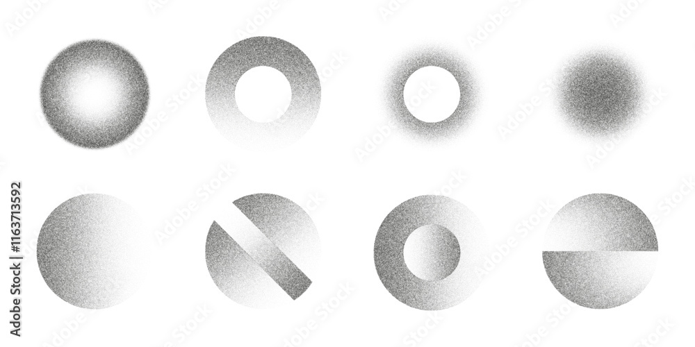 Set of spheres in different variations sand grain effect. Abstract dotwork. Noise gradient. Stipple circles. Dotted spray effect. Dust texture. Halftone vector elements isolated on white background