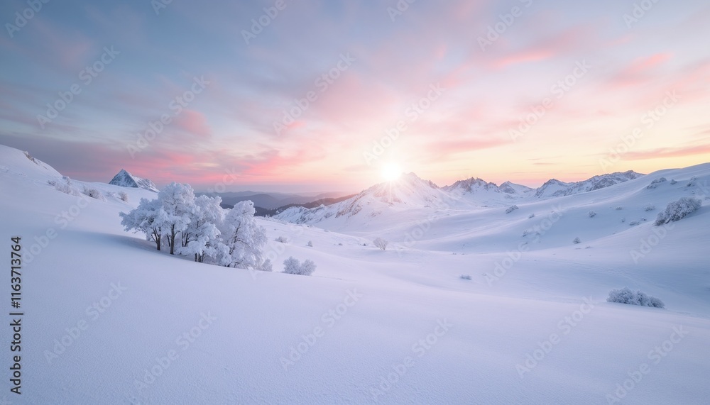 Snowy Winter Landscape with First Rays of Sunrise for 2025, Pastel Sky and Clear Atmosphere Snowy Winter Landscape with First Rays of Sunrise for 2025, Pastel Sky and Clear Atmosphere
