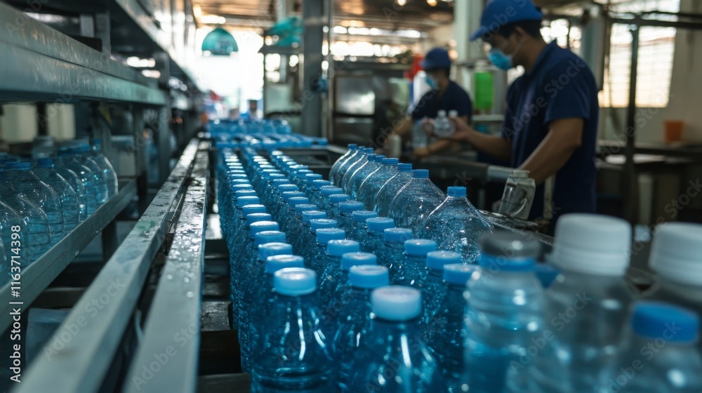 A highly efficient production line in a food processing facility shows workers filling and sealing water bottles. Advanced ai technology ensures quality control and streamlined operations. A highly efficient production line in a food processing facility shows workers filling and sealing water bottles. Advanced ai technology ensures quality control and streamlined operations.