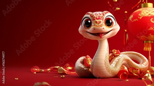 Festive cartoon snake with chinese lantern on red background