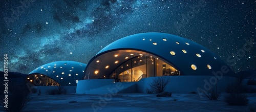 Modern geodesic domes under a night sky.