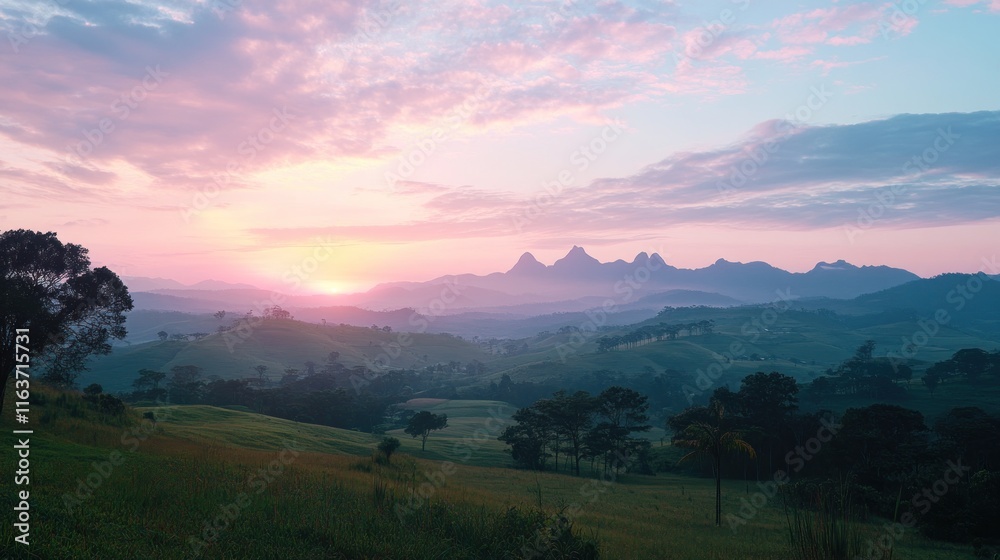 Fototapeta premium Serene Sunrise over Rolling Hills and Majestic Mountains