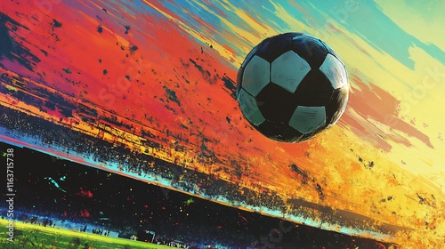 Soccer ball soaring above a vibrant stadium filled with spectators during a sunset.